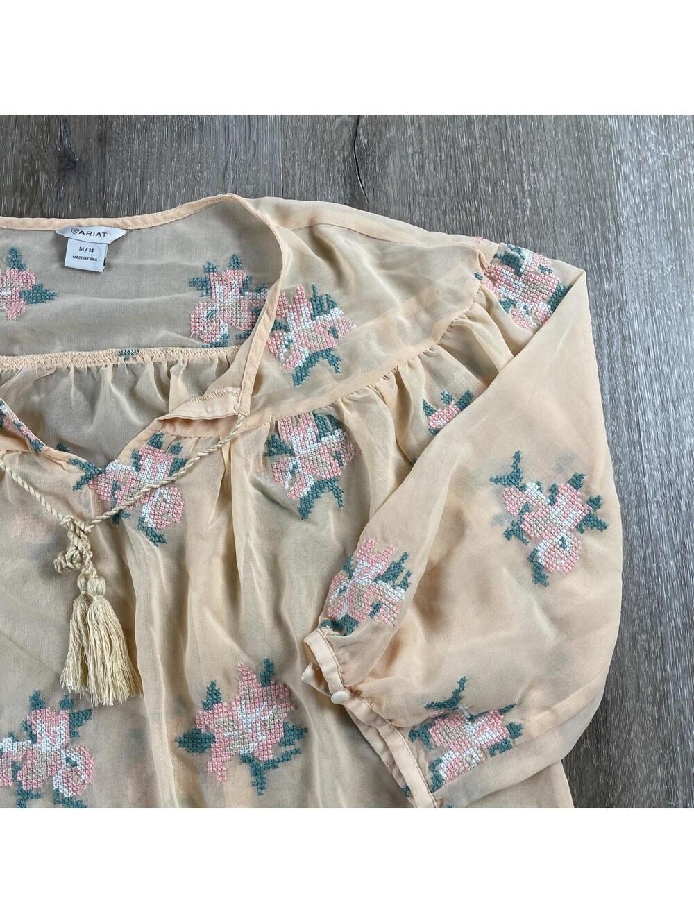 Ariat Women's Roxanne Embroidered Blouse S Boho Floral Sheer Tassel Top - Picture 6 of 16